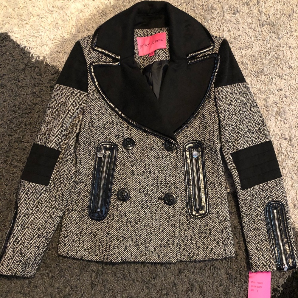New Betsey Johnson Houndstooth Moto Peacoat